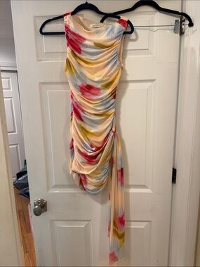 Ruched Sleeveless Floral Midi Dress in Cream with Pink & Yellow Accents